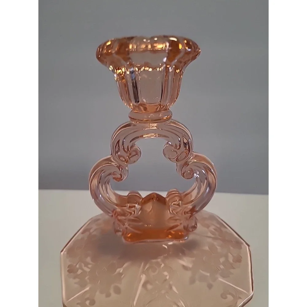 Vintage Cambridge Glass Apple Blossom Etch Keyhole Pink Glass Candlestick